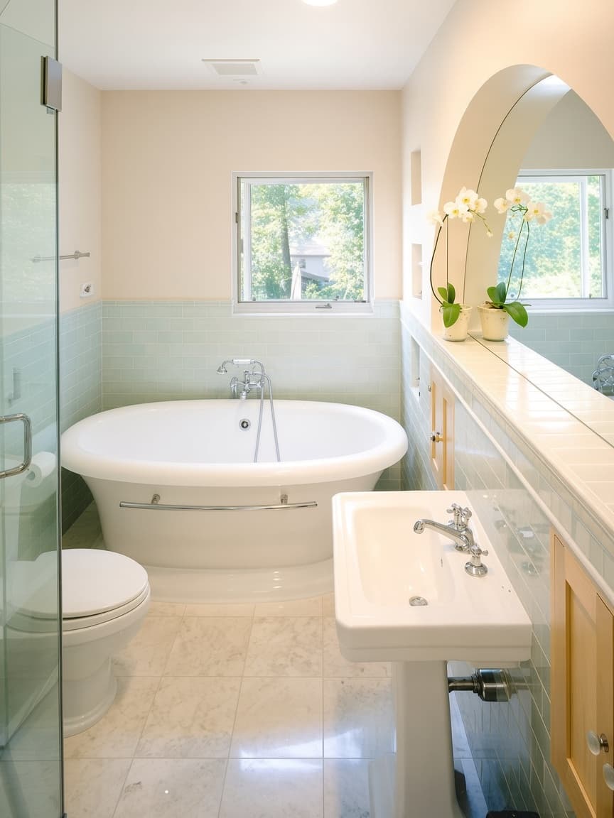 A bath with a freestanding oval tub, a pedestal sink, an arched mirror, and pale subway tile.