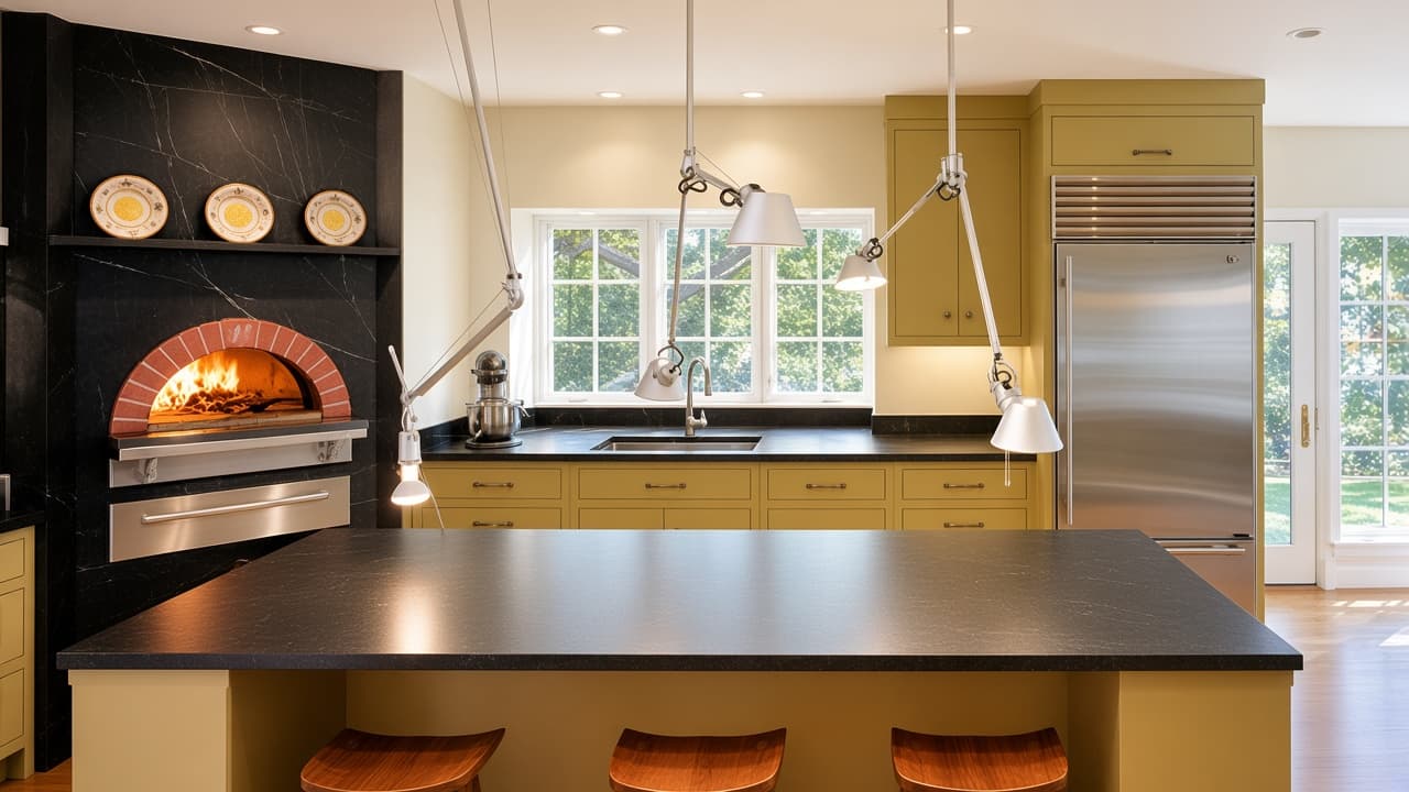 An olive-green kitchen with a black marble pizza oven, a dark stone island, and articulated pendant lights.